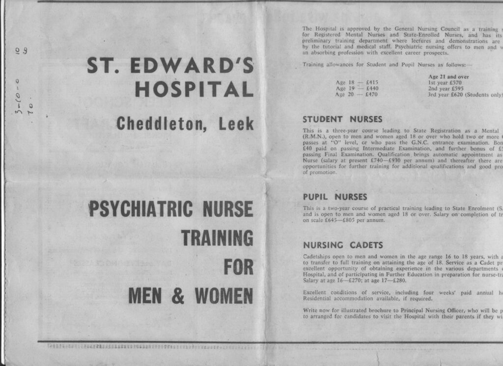 1968 newspaper recruitment for St Edwards Park Hospital, Cheddleton