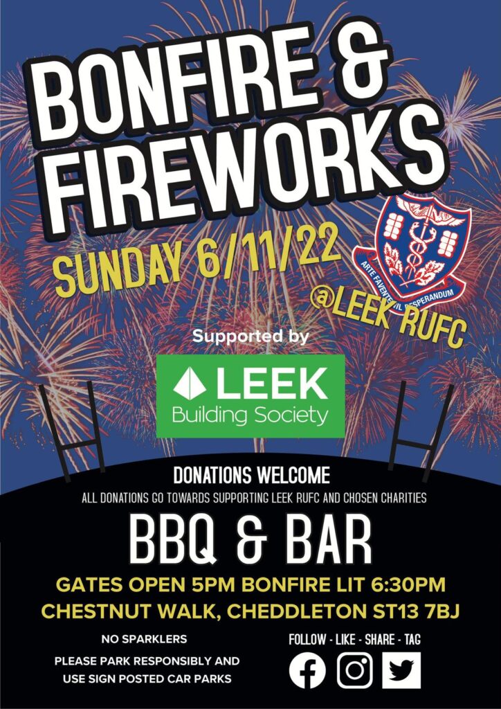 Poster for Leek RUFC Bonfire and Fireworks night